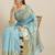 turquoise blue woven design silk blend kasavu saree with blouse