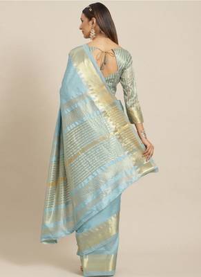turquoise blue woven design silk blend kasavu saree with blouse 3