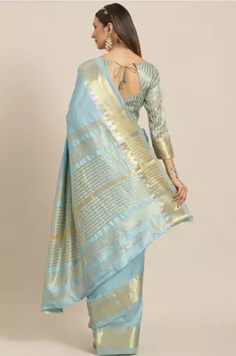 turquoise blue woven design silk blend kasavu saree with blouse