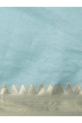 turquoise blue woven design silk blend kasavu saree with blouse 4