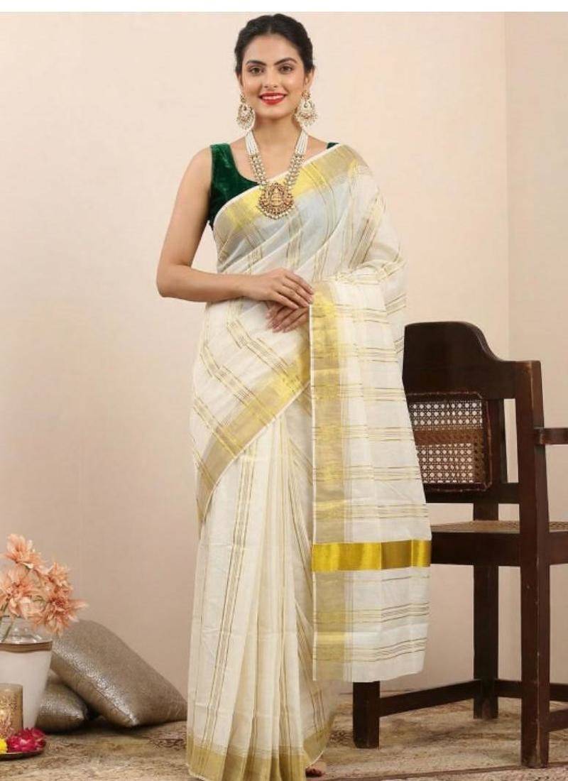 off white woven tissue kasavu saree with blouse