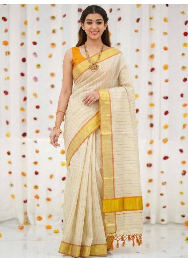 off white zari kasavu pure cotton saree with blouse