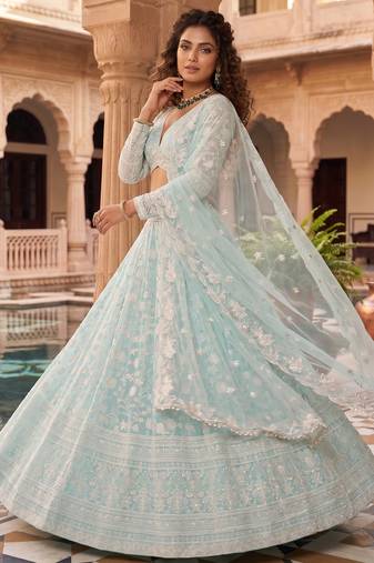 Awesome Thread Embroidered Sky Blue Net Lehenga Choli For Party