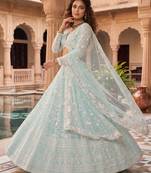 Awesome Thread Embroidered Sky Blue Net Lehenga Choli For Party