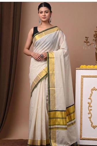 off white checked pure cotton kasavu saree with blouse