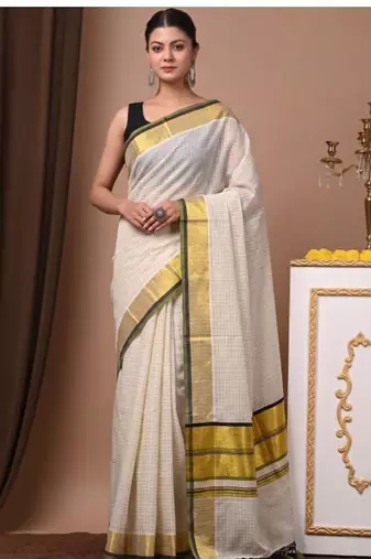 off white checked pure cotton kasavu saree with blouse