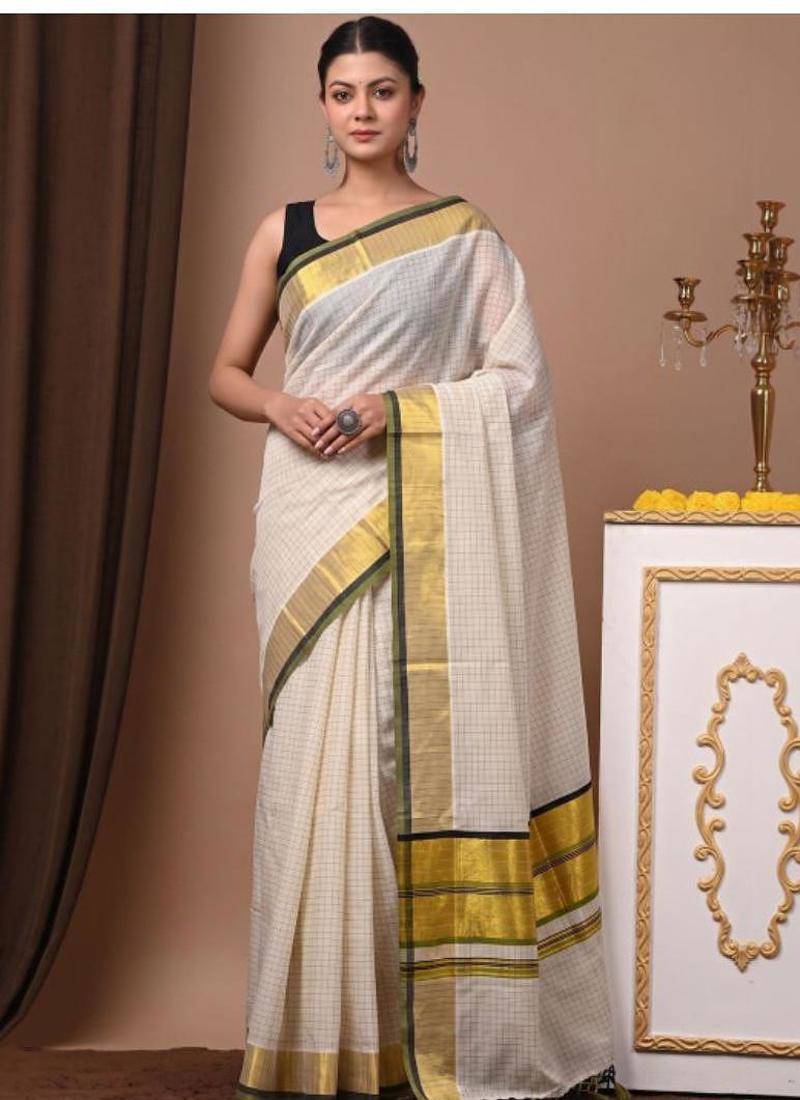 off white checked pure cotton kasavu saree with blouse