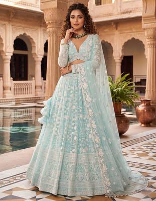 Awesome Thread Embroidered Sky Blue Net Lehenga Choli For Party 2