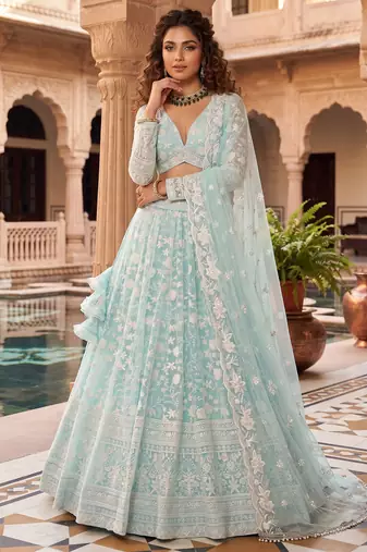 Awesome Thread Embroidered Sky Blue Net Lehenga Choli For Party