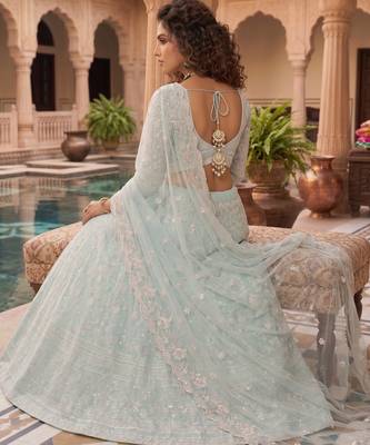 Awesome Thread Embroidered Sky Blue Net Lehenga Choli For Party 3