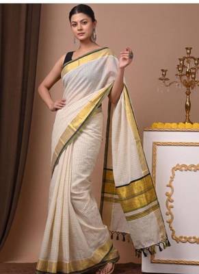 off white checked pure cotton kasavu saree with blouse 2