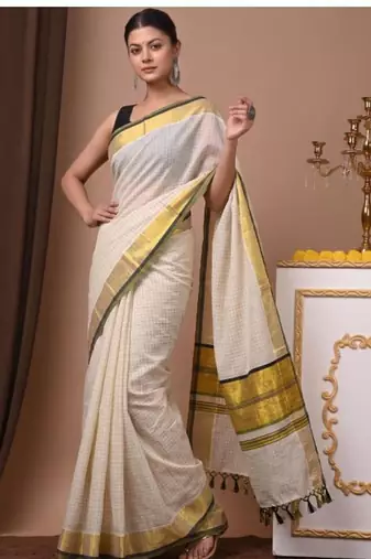 off white checked pure cotton kasavu saree with blouse