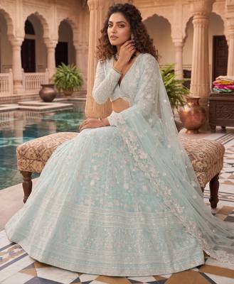 Awesome Thread Embroidered Sky Blue Net Lehenga Choli For Party 4