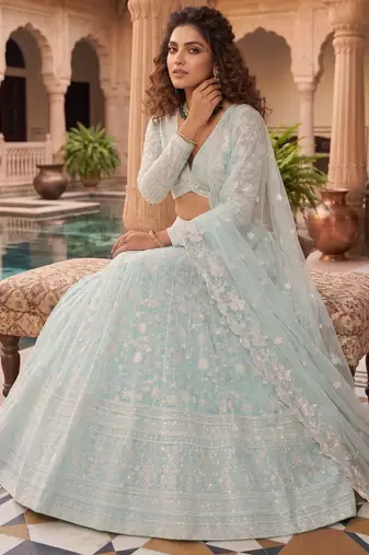 Awesome Thread Embroidered Sky Blue Net Lehenga Choli For Party