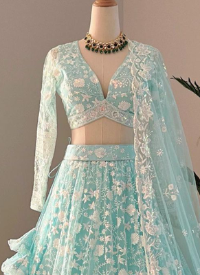Awesome Thread Embroidered Sky Blue Net Lehenga Choli For Party 6