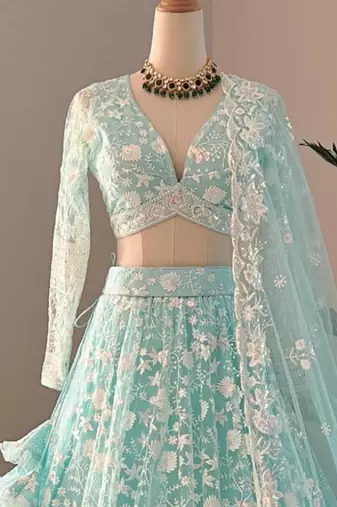 Awesome Thread Embroidered Sky Blue Net Lehenga Choli For Party