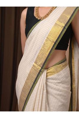 off white checked pure cotton kasavu saree with blouse 3