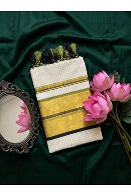 off white checked pure cotton kasavu saree with blouse 4