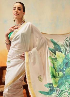 white floral digital print satin kasavu saree with blouse 2