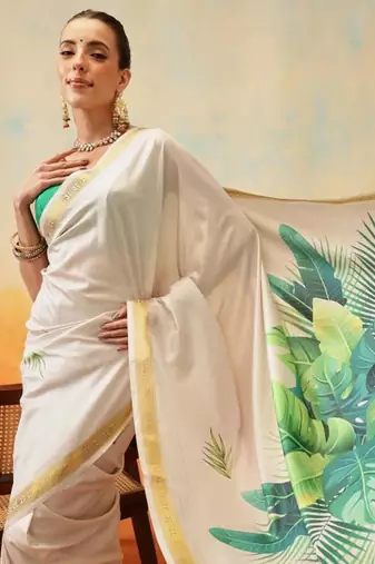 white floral digital print satin kasavu saree with blouse