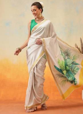 white floral digital print satin kasavu saree with blouse 1
