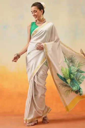 white floral digital print satin kasavu saree with blouse