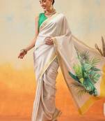 white floral digital print satin kasavu saree with blouse