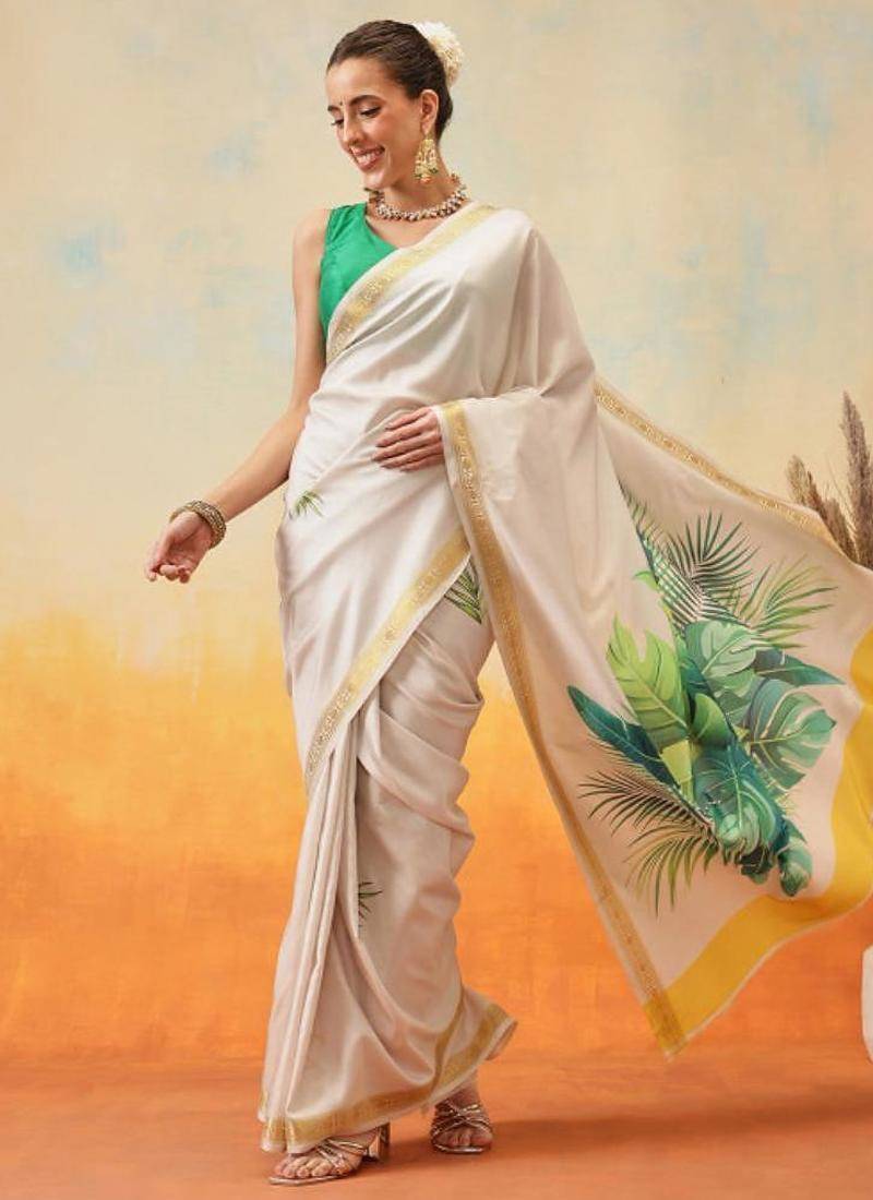 white floral digital print satin kasavu saree with blouse