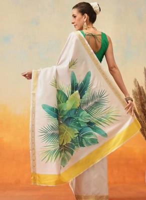 white floral digital print satin kasavu saree with blouse 3
