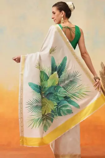white floral digital print satin kasavu saree with blouse