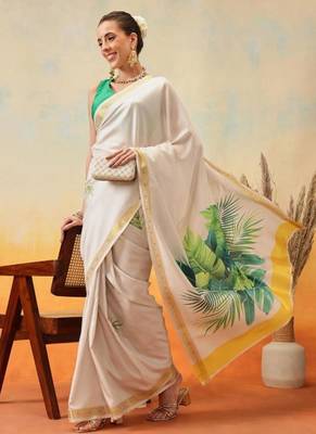 white floral digital print satin kasavu saree with blouse 4