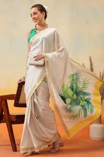 white floral digital print satin kasavu saree with blouse