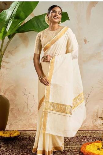off white zari work pure cotton kasavu saree with blouse