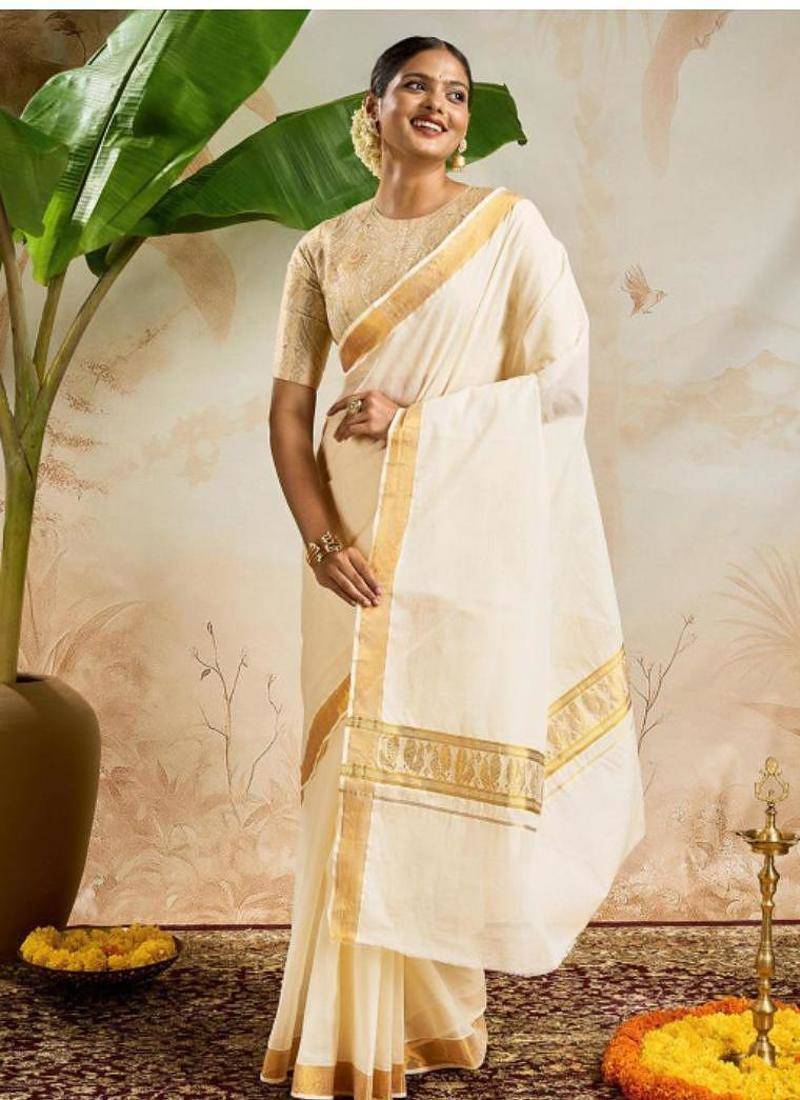 off white zari work pure cotton kasavu saree with blouse
