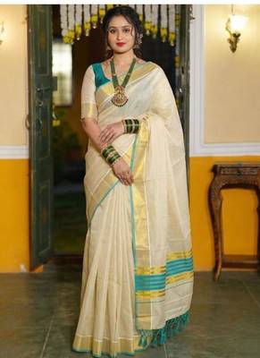 off white ethnic motifs zari cotton blend kasavu saree with blouse 1