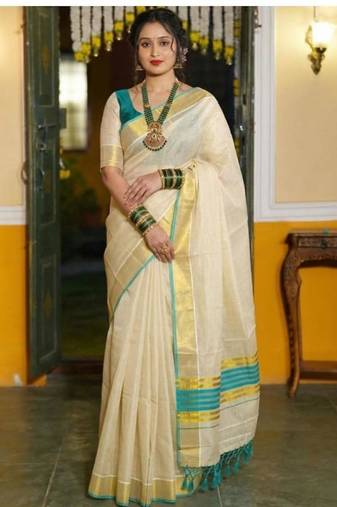 off white ethnic motifs zari cotton blend kasavu saree with blouse