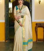 off white ethnic motifs zari cotton blend kasavu saree with blouse