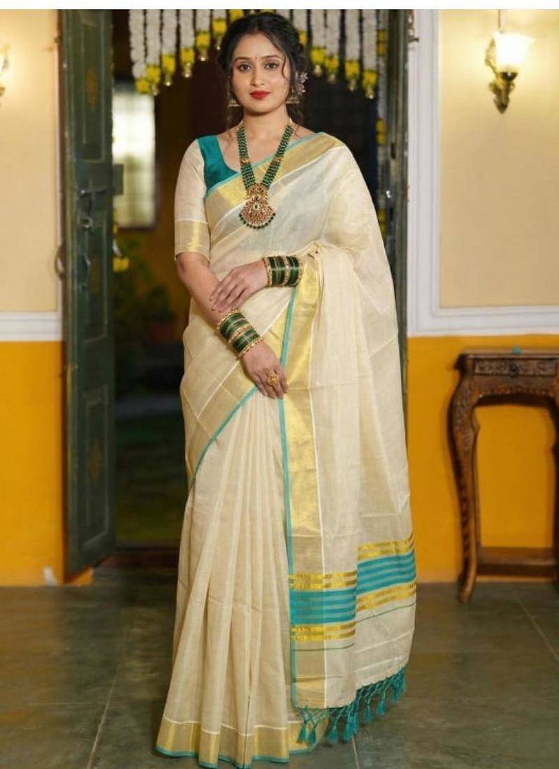 off white ethnic motifs zari cotton blend kasavu saree with blouse