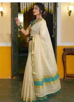 off white ethnic motifs zari cotton blend kasavu saree with blouse 2
