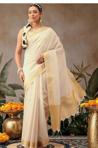 off white zari work silk blend kasavu saree with blouse