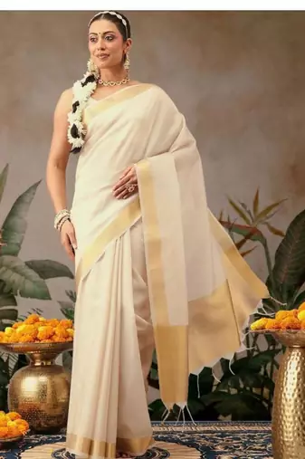 off white zari work silk blend kasavu saree with blouse