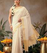 off white zari work silk blend kasavu saree with blouse