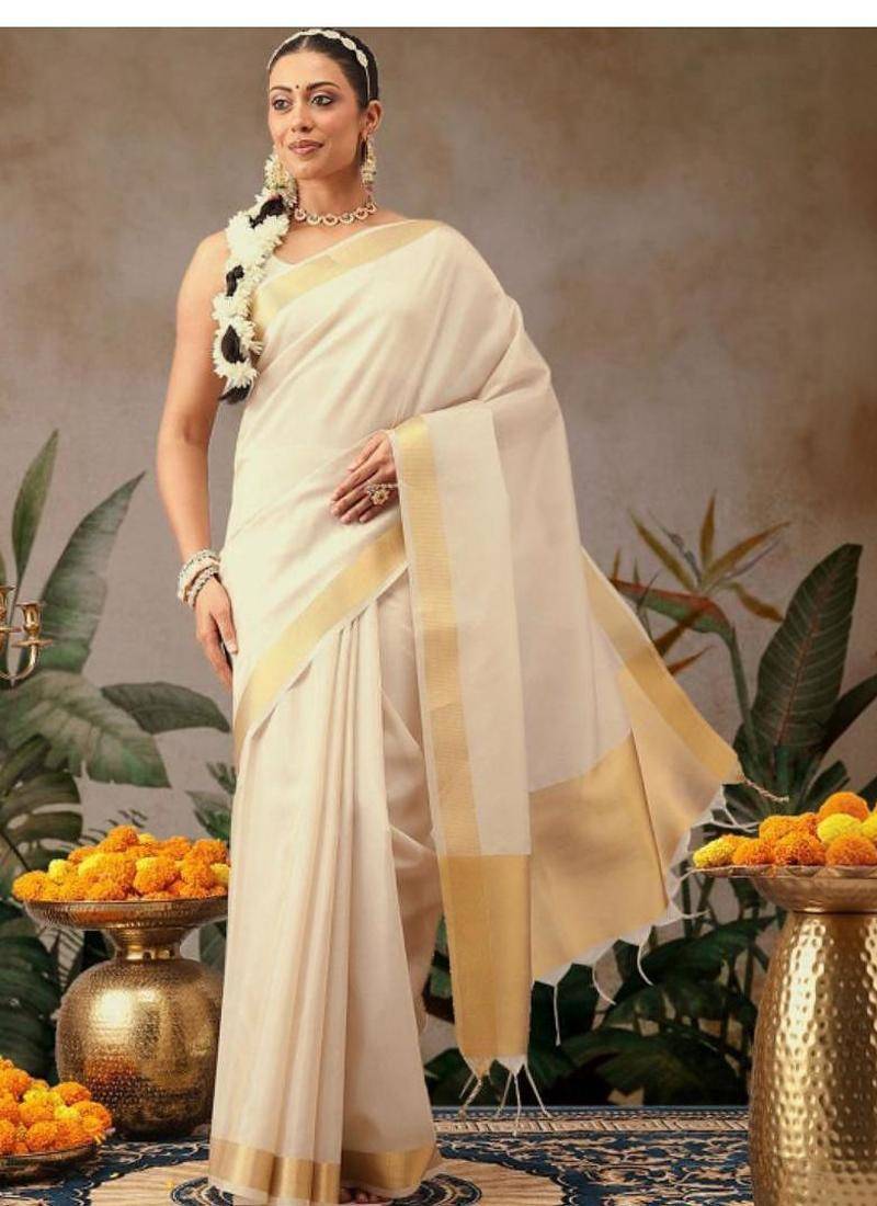off white zari work silk blend kasavu saree with blouse