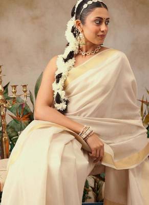 off white zari work silk blend kasavu saree with blouse 2