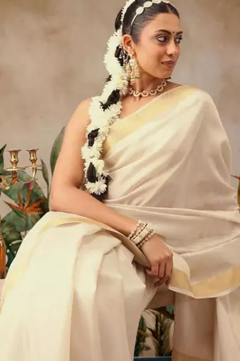 off white zari work silk blend kasavu saree with blouse