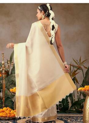 off white zari work silk blend kasavu saree with blouse 3