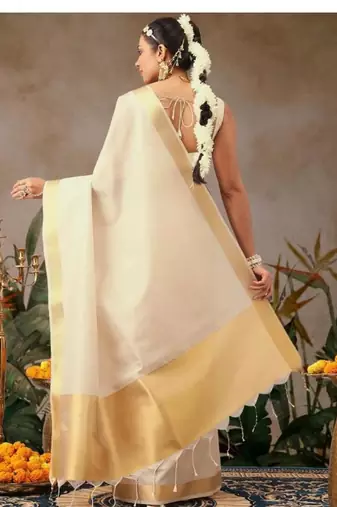 off white zari work silk blend kasavu saree with blouse