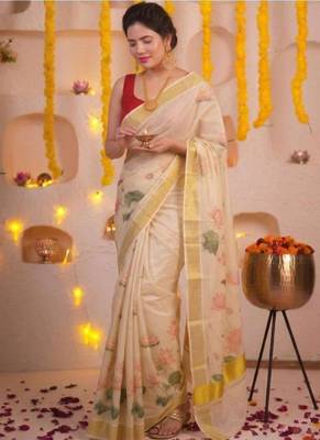 off white floral printed zari art silk kasavu saree with blouse 1