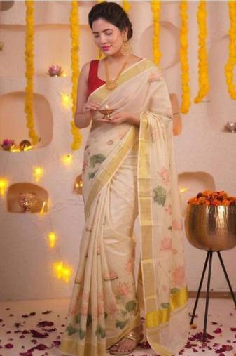 off white floral printed zari art silk kasavu saree with blouse