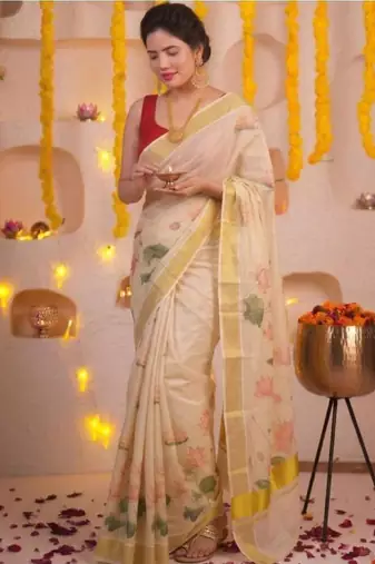 off white floral printed zari art silk kasavu saree with blouse